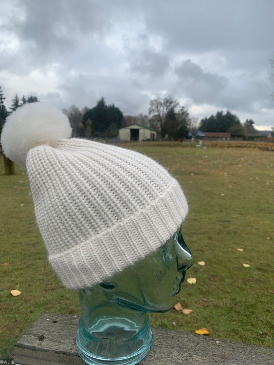 100% Alpaca Pom-Pom Ribbed Beanie Hat